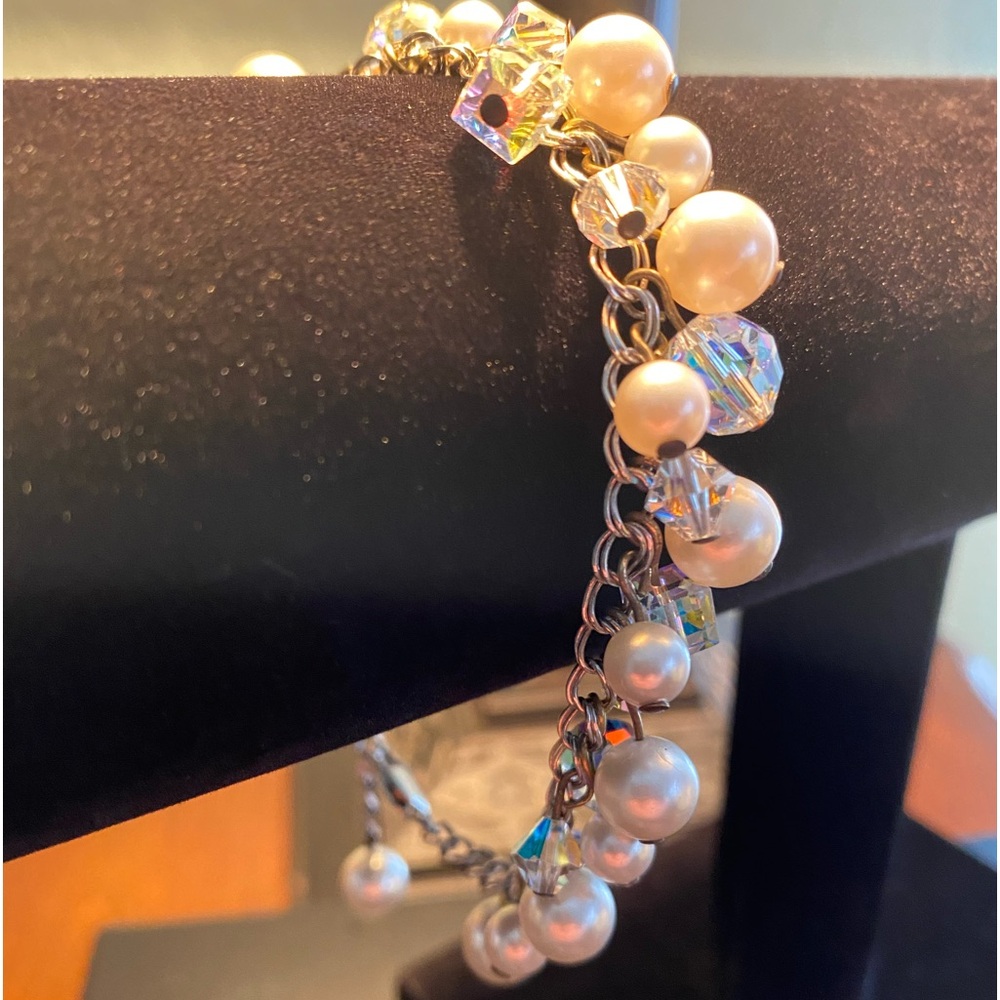 925 Sterling Silver Chain Bracelet with Faux Pearl & Crystal Faceted Bead Charms